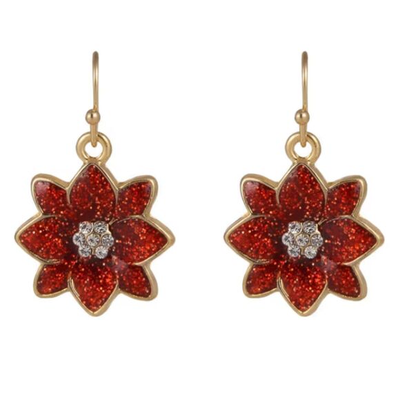 Red Enamel Crystal Centers Poinsettia Earrings Christmas Flower - Picture 3 of 4